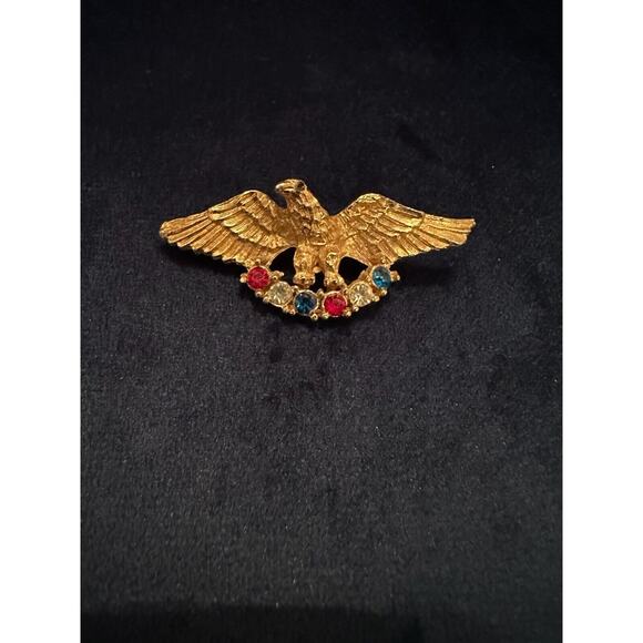 Vintage Eagle Gold Tone Pin Brooch Red White Blue‎ Rhinestones Patriotic - Picture 3 of 10